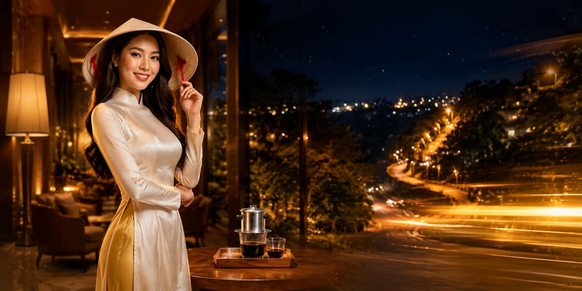 Phụ nữ đội nón lá tại Đà Lạt thư giãn bên tách cà phê và khám phá jackpot casino trên điện thoại