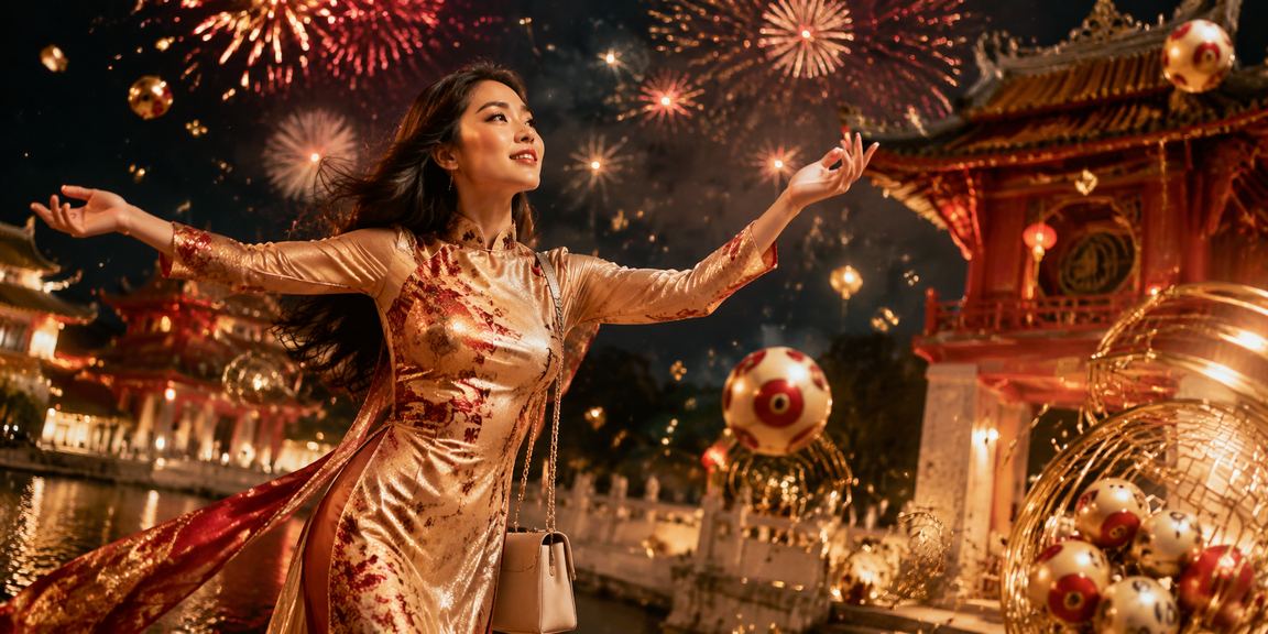 Người phụ nữ mặc áo dài tại Hà Nội xem kết quả xổ số jackpot trên điện thoại